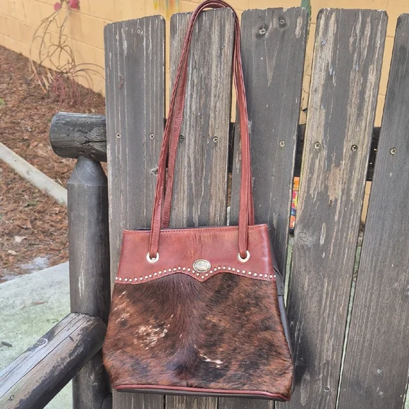 American West Rich Brown Leather and Fur Shoulder Bag - Picture 1 of 12